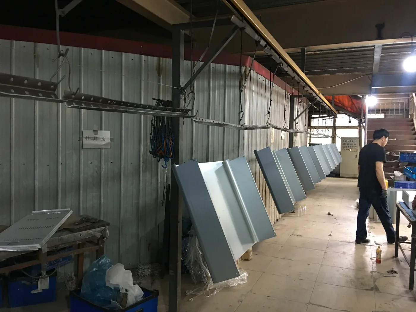 Large 3D printer cladding panels hanging for powder coating