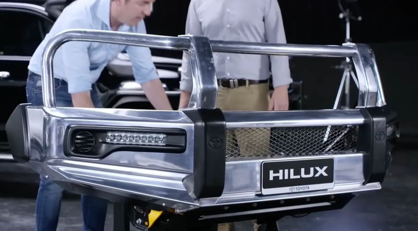 Toyota Hilux bull bar showing the polished exterior component in vehicle context